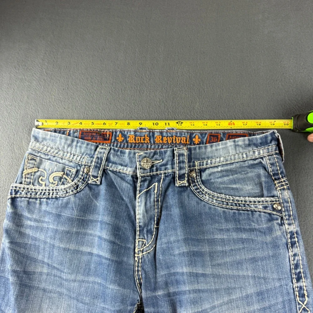 Rock Revival Antonio Jeans Men's 36 (Fits 38x36) Blue Bootcut Thick Stitch Y2K